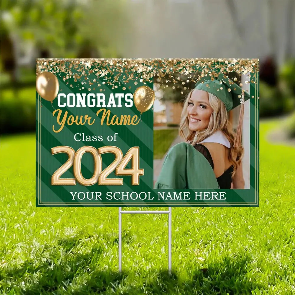 Graduate - Senior Photo Multicolor Glitter Balloon Yard Sign With Stake - Personalized Congrats 2024 Banner The Next Custom Gift