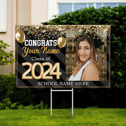 Graduate - Senior Photo Multicolor Glitter Balloon Yard Sign With Stake - Personalized Congrats 2024 Banner The Next Custom Gift