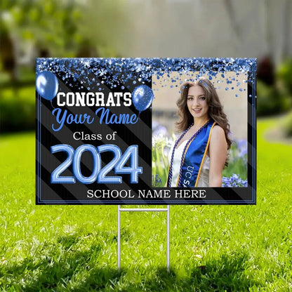 Graduate - Senior Photo Multicolor Glitter Balloon Yard Sign With Stake - Personalized Congrats 2024 Banner The Next Custom Gift