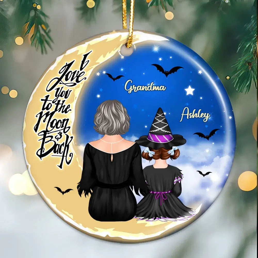 Grandma Grandkids On Moon Back View Halloween Personalized Circle Ornament ornament The Next Custom Gift