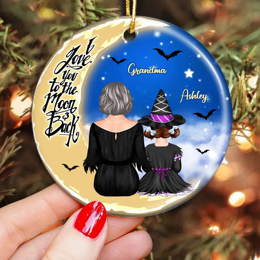 Grandma Grandkids On Moon Back View Halloween Personalized Circle Ornament ornament The Next Custom Gift