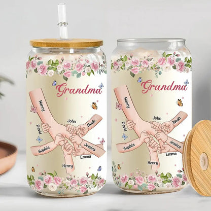 Grandma - Grandma Holding Hands Custom With Kid's Names - Personalized Clear Glass Can (VT) Glass Can The Next Custom Gift