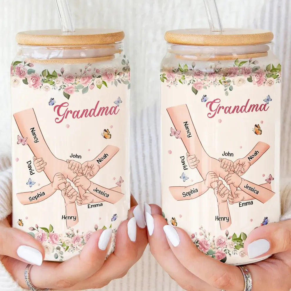 Grandma - Grandma Holding Hands Custom With Kid's Names - Personalized Clear Glass Can (VT) Glass Can The Next Custom Gift