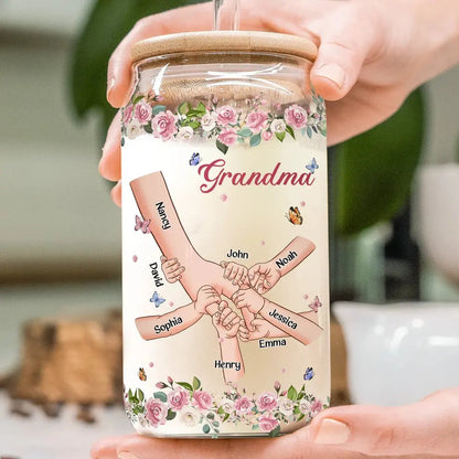 Grandma - Grandma Holding Hands Custom With Kid's Names - Personalized Clear Glass Can (VT) Glass Can The Next Custom Gift