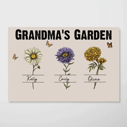 Grandma - Grandma‘s Garden Beautiful Vintage Birth Month Flower With Names Personalized Horizontal Poster