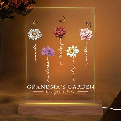 Grandma - Grandma's Garden Love Grows Here Beautiful Birth Month Flower - Personalized Acrylic Plaque With LED Night Light Acrylic Plaque The Next Custom Gift