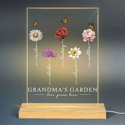 Grandma - Grandma's Garden Love Grows Here Beautiful Birth Month Flower - Personalized Acrylic Plaque With LED Night Light Acrylic Plaque The Next Custom Gift