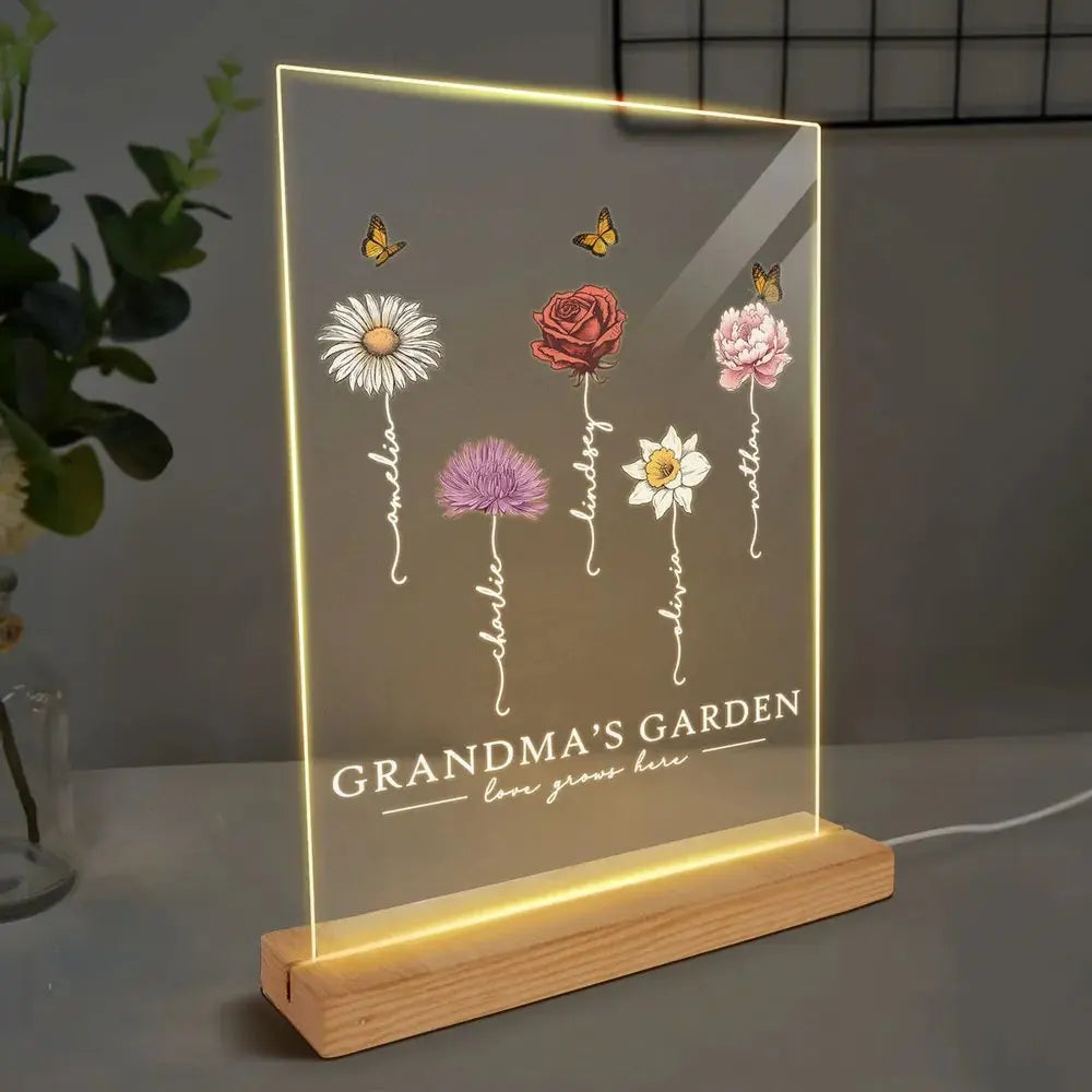 Grandma - Grandma's Garden Love Grows Here Beautiful Birth Month Flower - Personalized Acrylic Plaque With LED Night Light Acrylic Plaque The Next Custom Gift