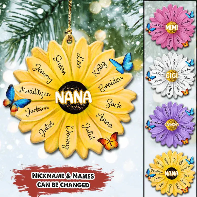 Grandma With Grandkids Flower Personalized Wood Ornament ornament The Next Custom Gift