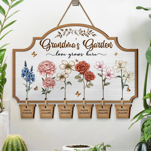 Grandma's Garden Birth Flowers - Personalized Custom Shaped Wood Sign With Wooden Tags