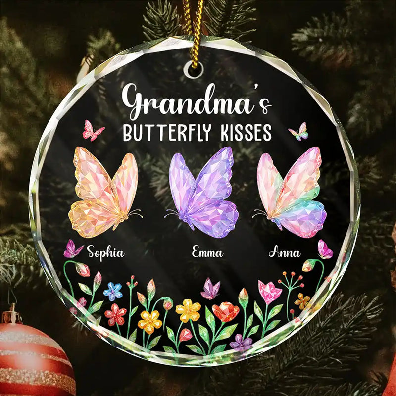 Grandma Kisses Crystal Effect Butterflies - Personalized Circle Acrylic Ornament