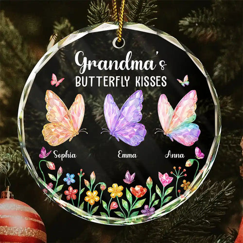 Grandma Kisses Crystal Effect Butterflies - Personalized Circle Acrylic Ornament