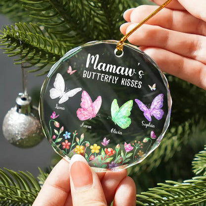 Grandma Kisses Crystal Effect Butterflies - Personalized Circle Acrylic Ornament
