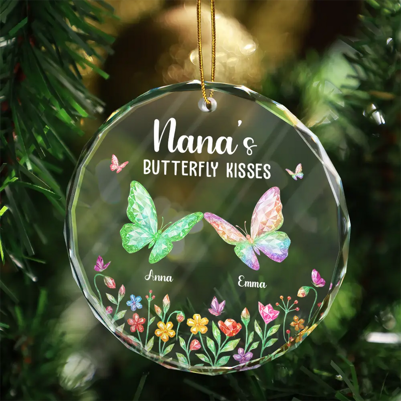 Grandma Kisses Crystal Effect Butterflies - Personalized Circle Acrylic Ornament