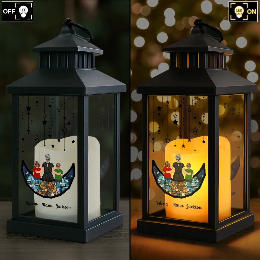 Grandma Mom And Children Sitting On The Moon - Personalized LED Candle Lantern