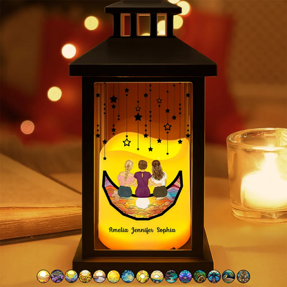 Grandma Mom And Children Sitting On The Moon - Personalized LED Candle Lantern