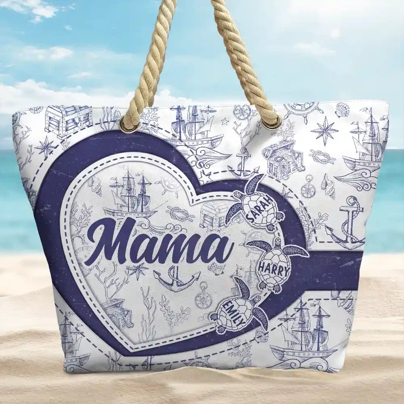 Grandma Mom Turtle Heart Toile - Personalized Beach Bag