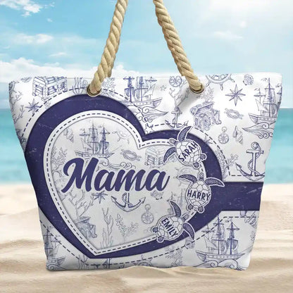 Grandma Mom Turtle Heart Toile - Personalized Beach Bag