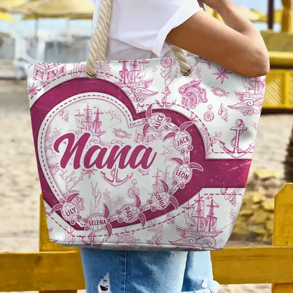 Grandma Mom Turtle Heart Toile - Personalized Beach Bag