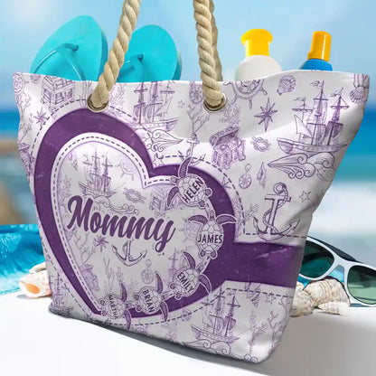 Grandma Mom Turtle Heart Toile - Personalized Beach Bag