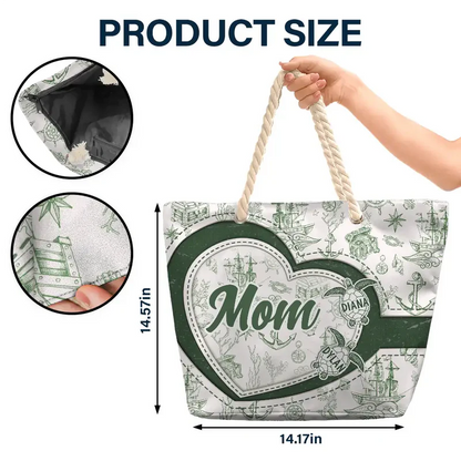 Grandma Mom Turtle Heart Toile - Personalized Beach Bag
