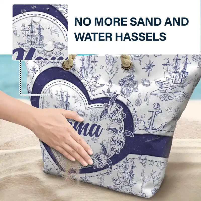Grandma Mom Turtle Heart Toile - Personalized Beach Bag