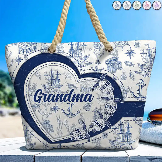 Grandma Mom Turtle Heart Toile - Personalized Beach Bag