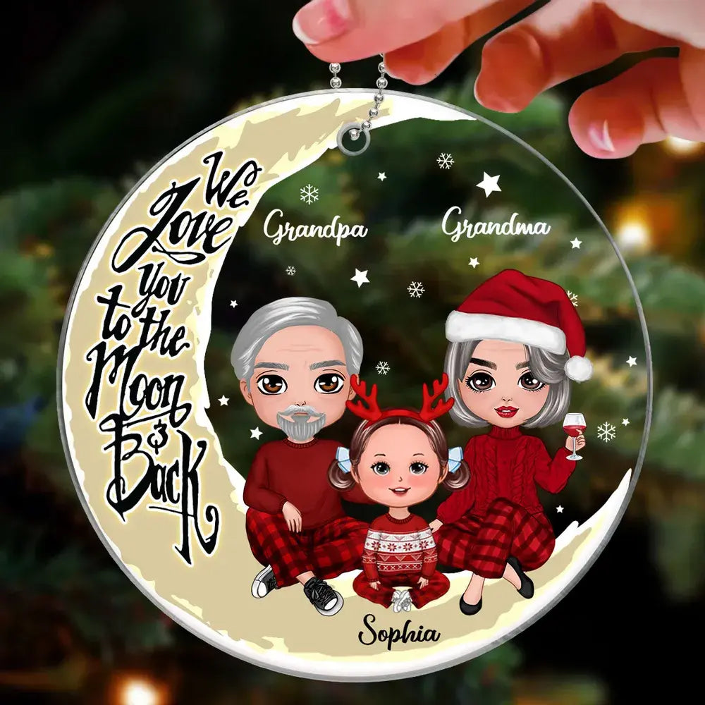 Grandpa Grandma Grandparents & Grandkid On Yellow Moon Personalized Acrylic Ornament ornament The Next Custom Gift