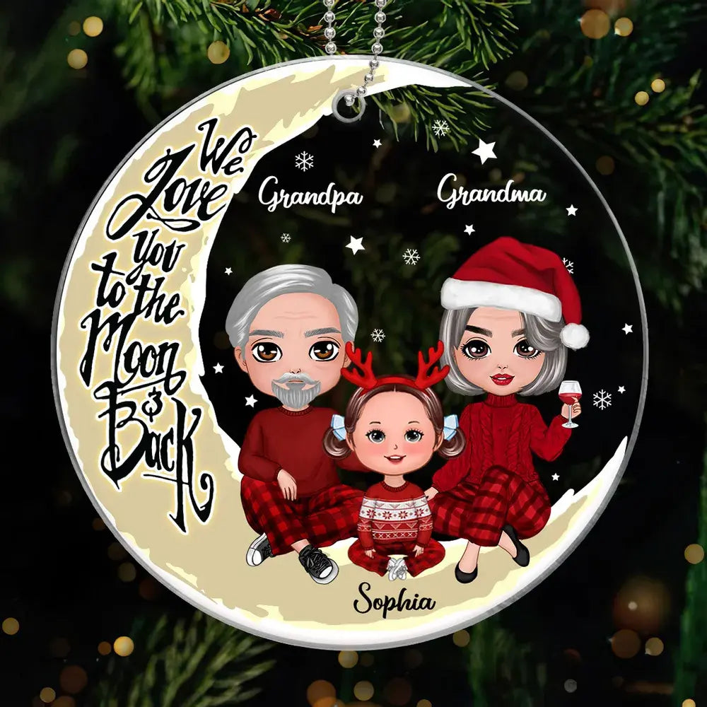 Grandpa Grandma Grandparents & Grandkid On Yellow Moon Personalized Acrylic Ornament ornament The Next Custom Gift