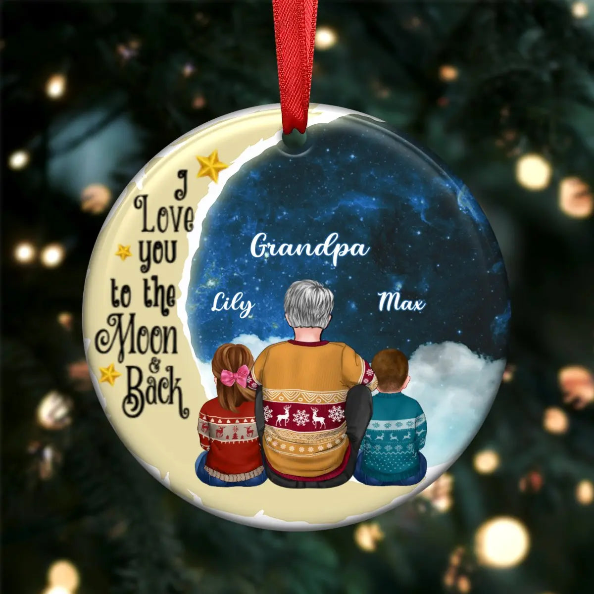 Grandpa - Grandpa Grandkids On Moon - Personalized Circle Ornament