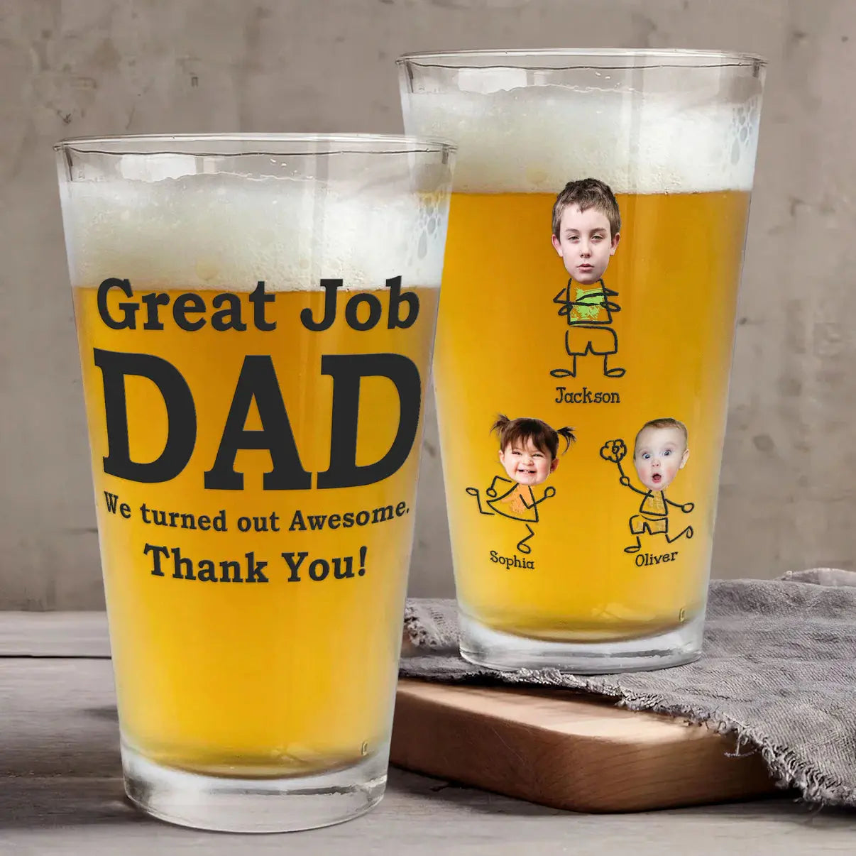 Great Job Dad We Turned Out Awesome - Personalized Photo Beer Glass Beer Glass The Next Custom Gift