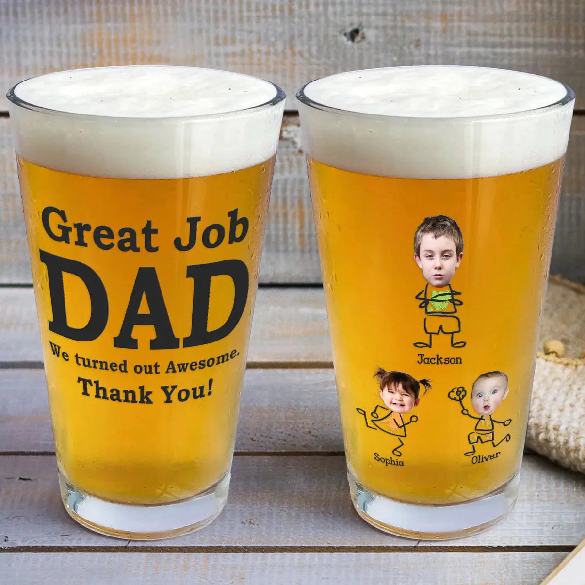 Great Job Dad We Turned Out Awesome - Personalized Photo Beer Glass Beer Glass The Next Custom Gift