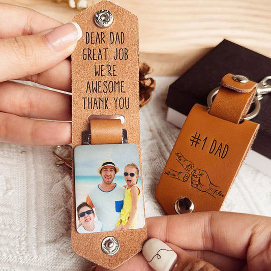 Great Job Dad We're Awesome - Personalized Leather Photo Keychain Keychain The Next Custom Gift