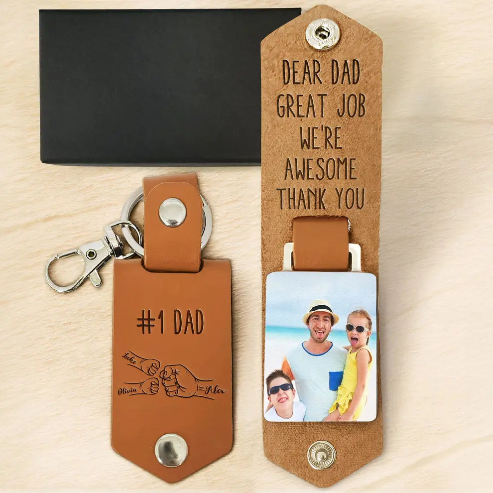 Great Job Dad We're Awesome - Personalized Leather Photo Keychain Keychain The Next Custom Gift