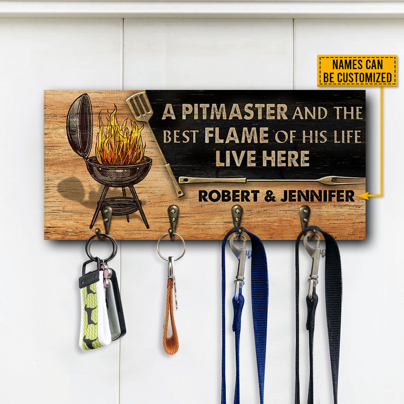 Grilling Couple Pitmaster And Flame Personalized Custom Wood Key Holder