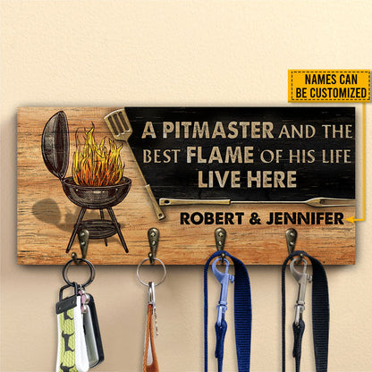 Grilling Couple Pitmaster And Flame Personalized Custom Wood Key Holder