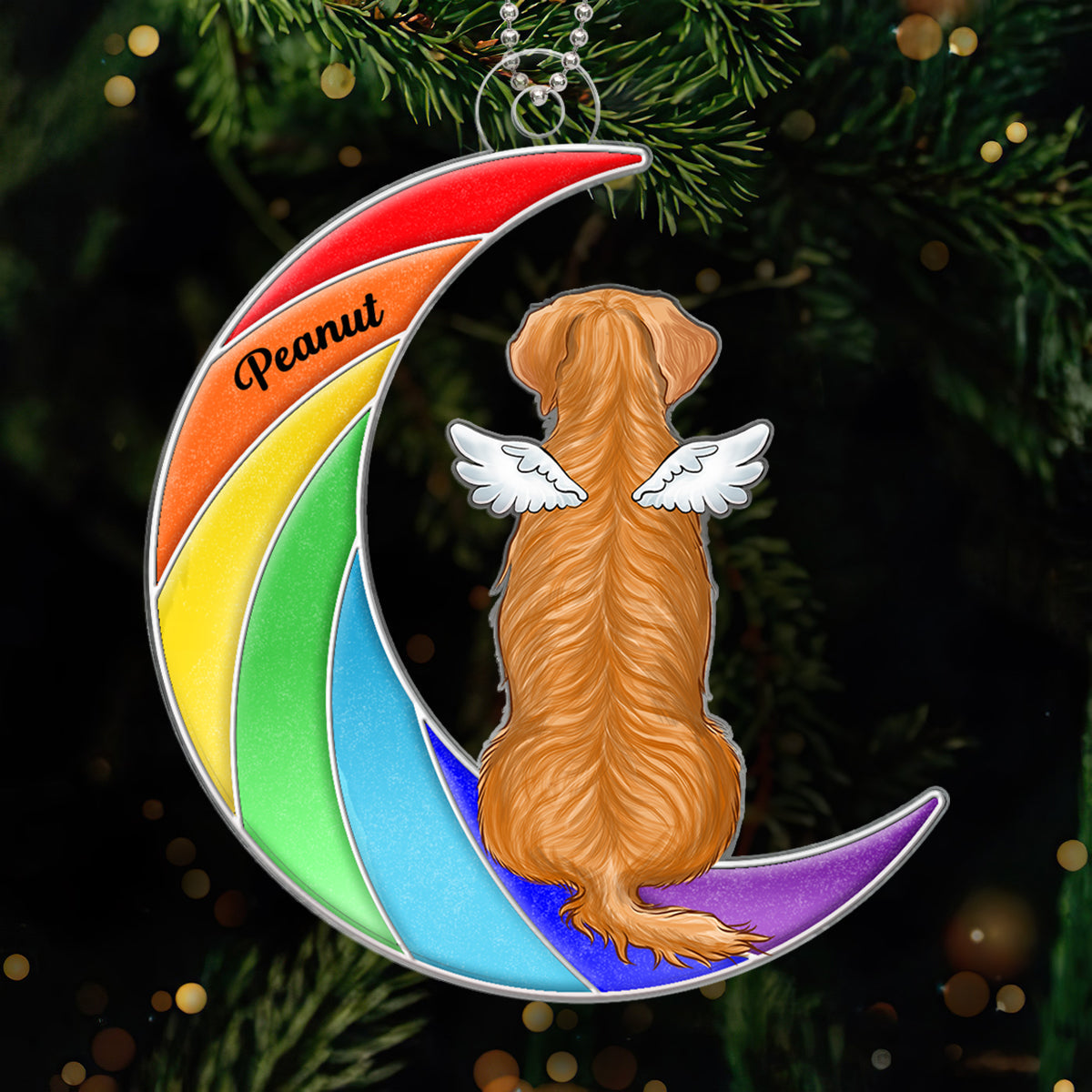 Pet Memorial Remembrance Keepsake Dog Cat Sitting On Rainbow Moon Personalized Acrylic Ornament