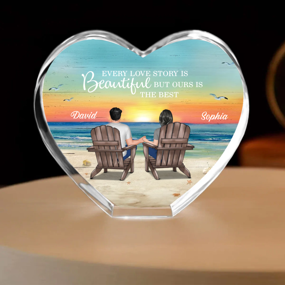 Couple Sitting At Beach Personalized Premium Crystal Heart LED, A Timeless Treasure Full of Emotion