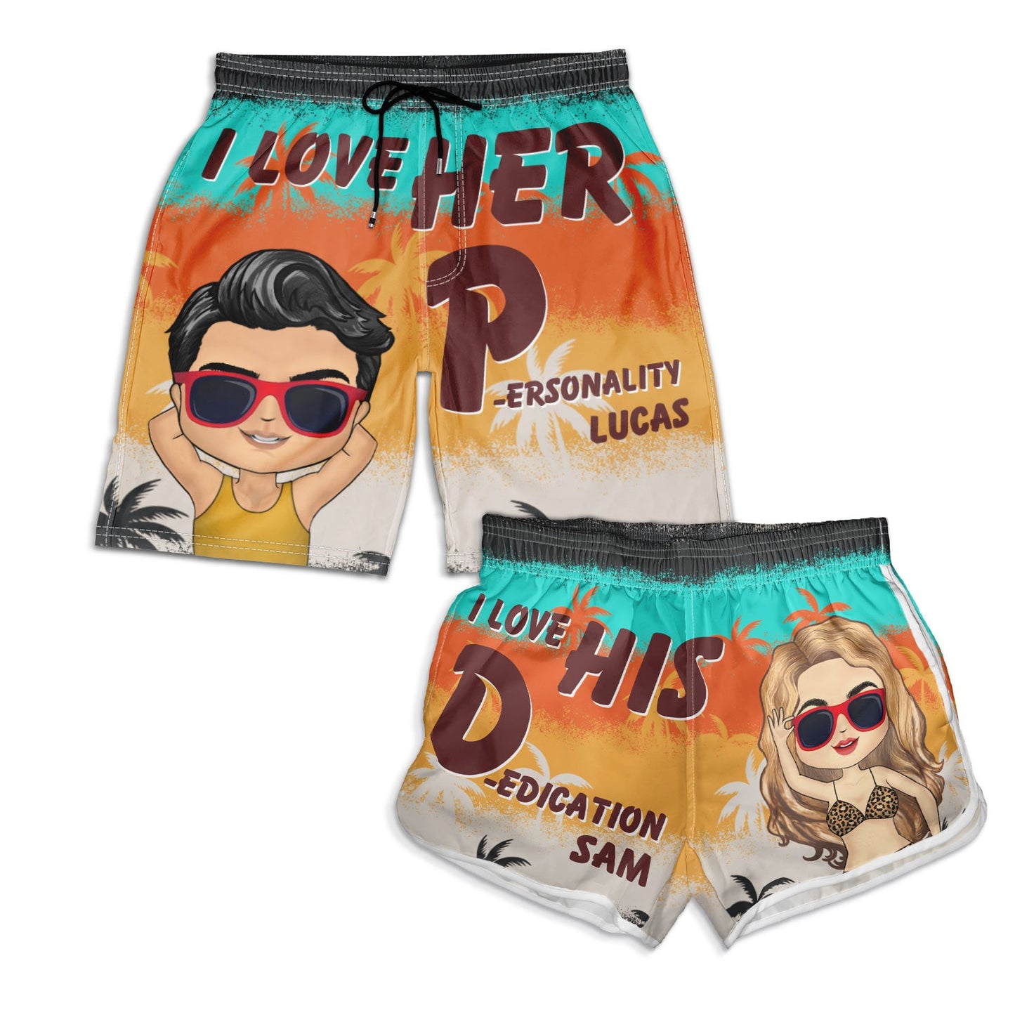 I Love His Dedication Her Personality Summer Beach Vibes - Gift For Spouse, Lover, Husband, Wife, Boyfriend, Girlfriend - Personalized Custom Couple Beach Shorts