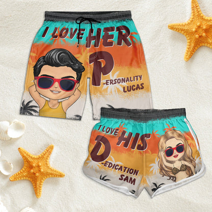 I Love His Dedication Her Personality Summer Beach Vibes - Gift For Spouse, Lover, Husband, Wife, Boyfriend, Girlfriend - Personalized Custom Couple Beach Shorts