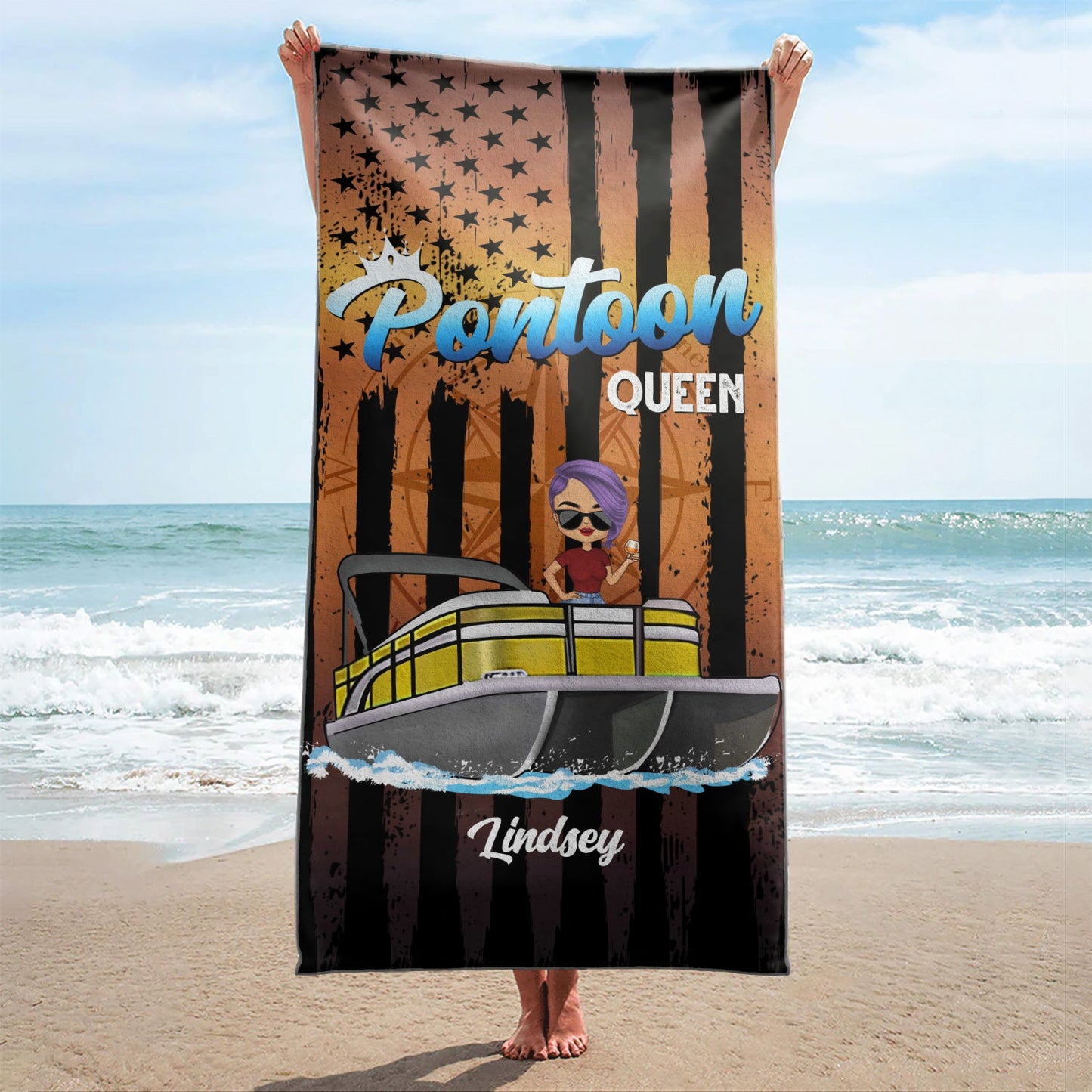 Pontoon Captain Pontoon Queen - Gift For Pontoon Owner - Personalized Custom Beach Towel