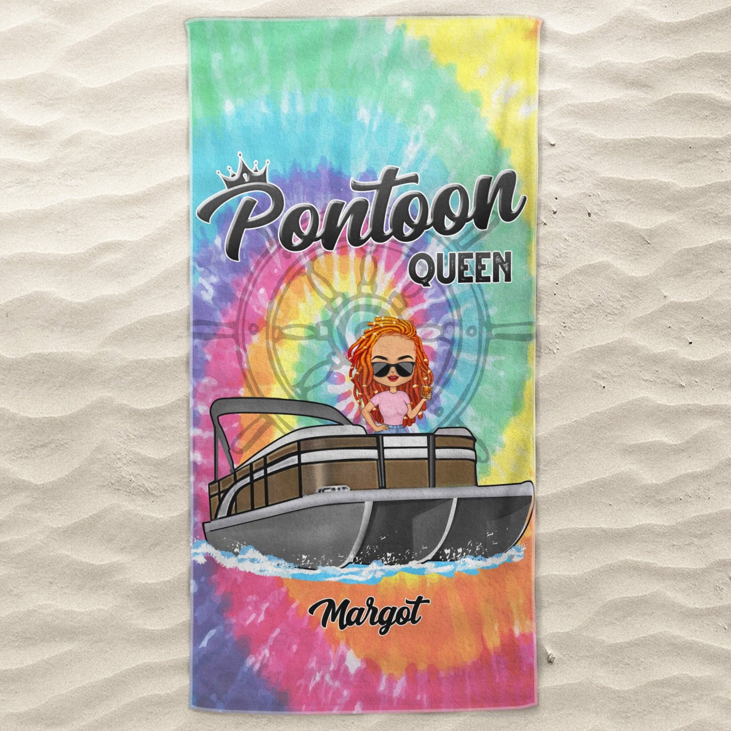 Tie Dye Pontoon Queen - Gift For Pontoon Owner - Personalized Custom Beach Towel