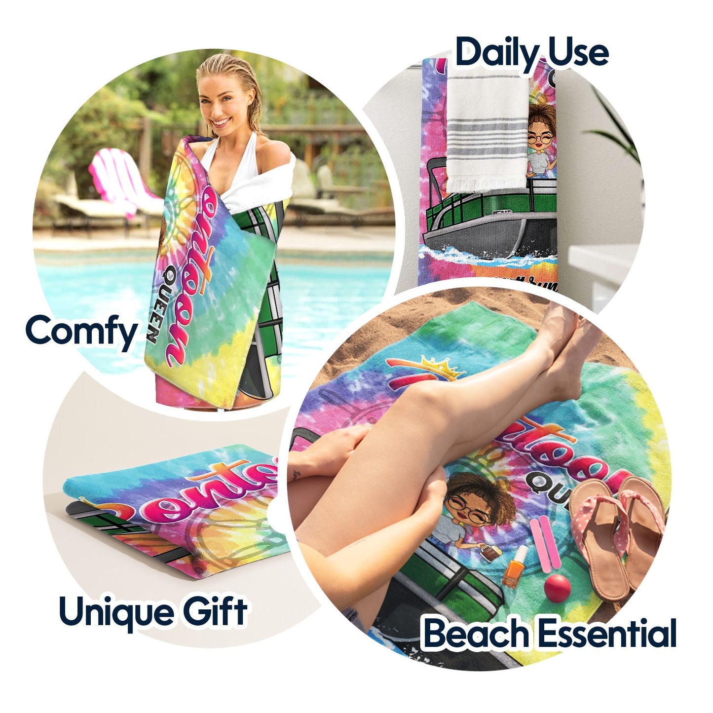 Tie Dye Pontoon Queen - Gift For Pontoon Owner - Personalized Custom Beach Towel