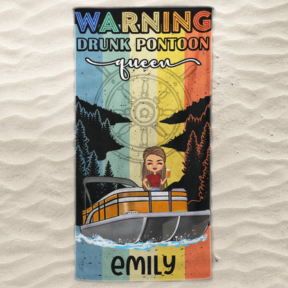 Warning Drunk Pontoon Captain Queen - Birthday, Traveling, Cruising Gift For Lake Beach Lovers, Travelers - Personalized Custom Beach Towel