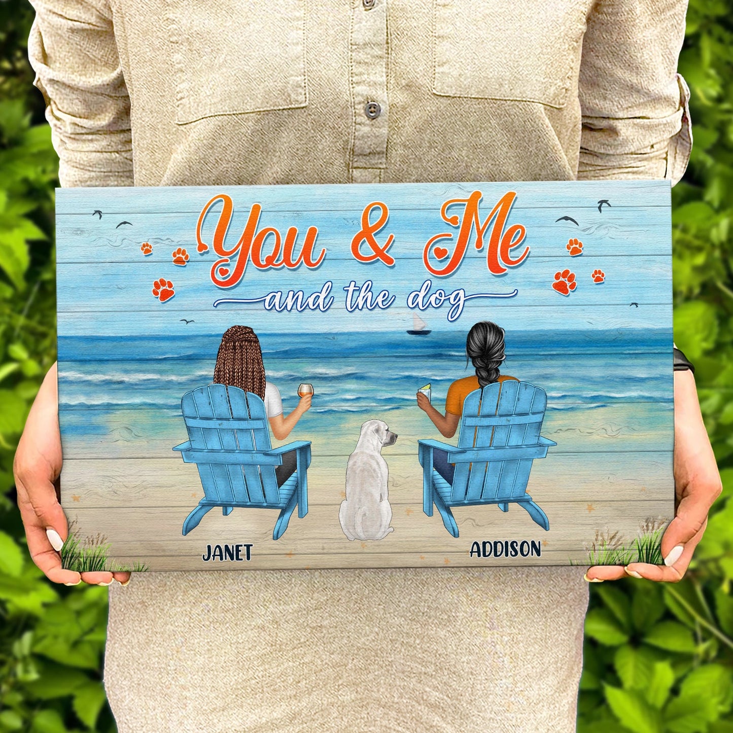 You And Me And The Dogs Peace Beach View - Gift For Pet Lovers - Personalized Wood Rectangle Sign