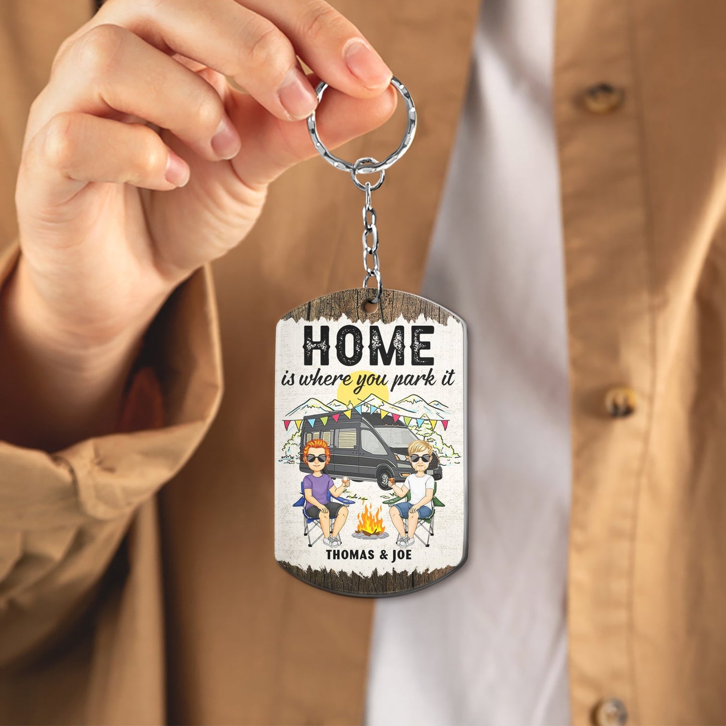 Home Is Where We Park It Cartoon Couple - Gift For Camping Lovers - Personalized Aluminum Keychain