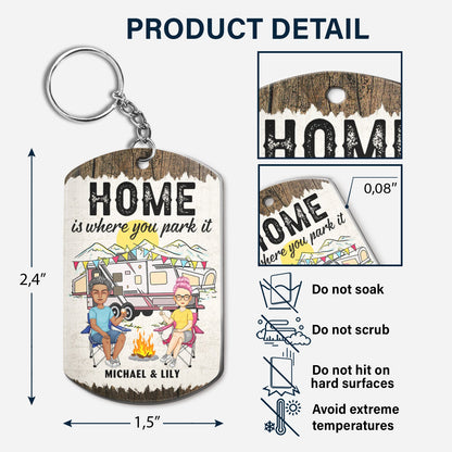 Home Is Where We Park It Cartoon Couple - Gift For Camping Lovers - Personalized Aluminum Keychain