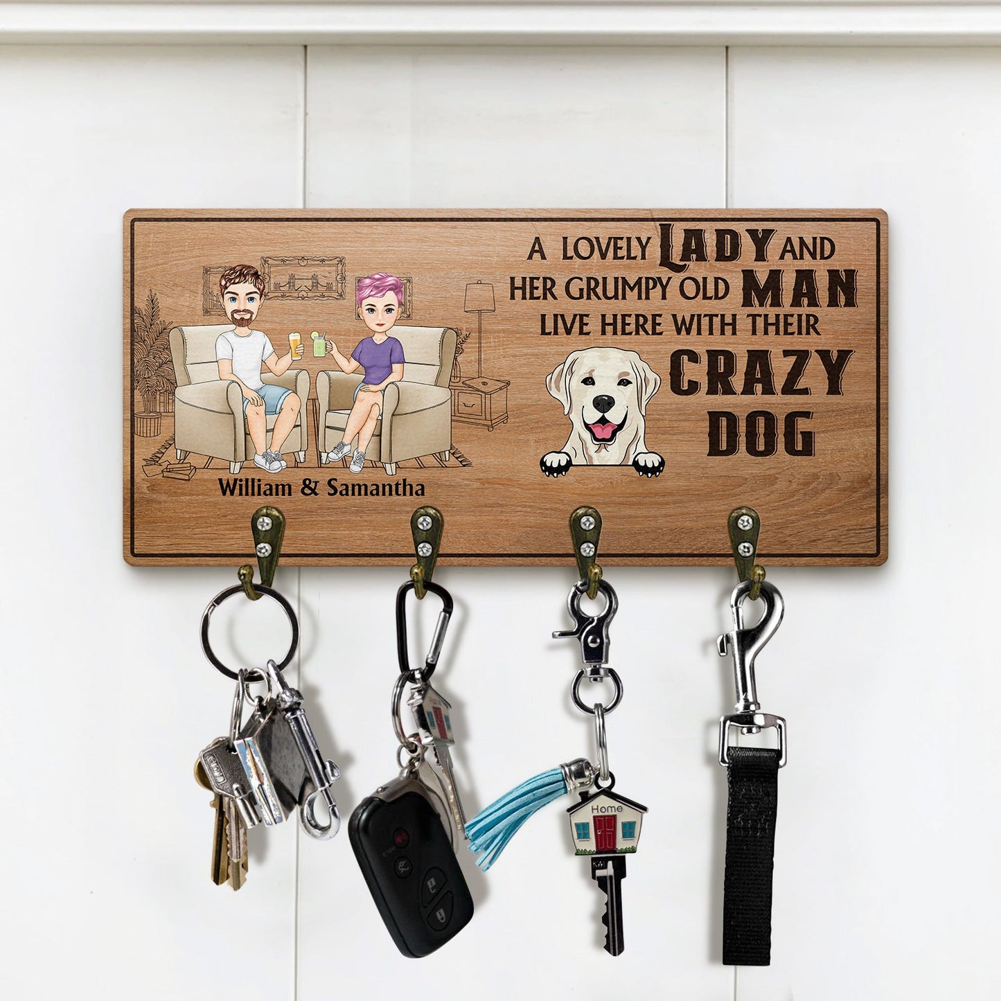 Lovely Lady Grumpy Old Man With Crazy Dogs - Gift For Dog Owners, Couples - Personalized Wood Key Holder