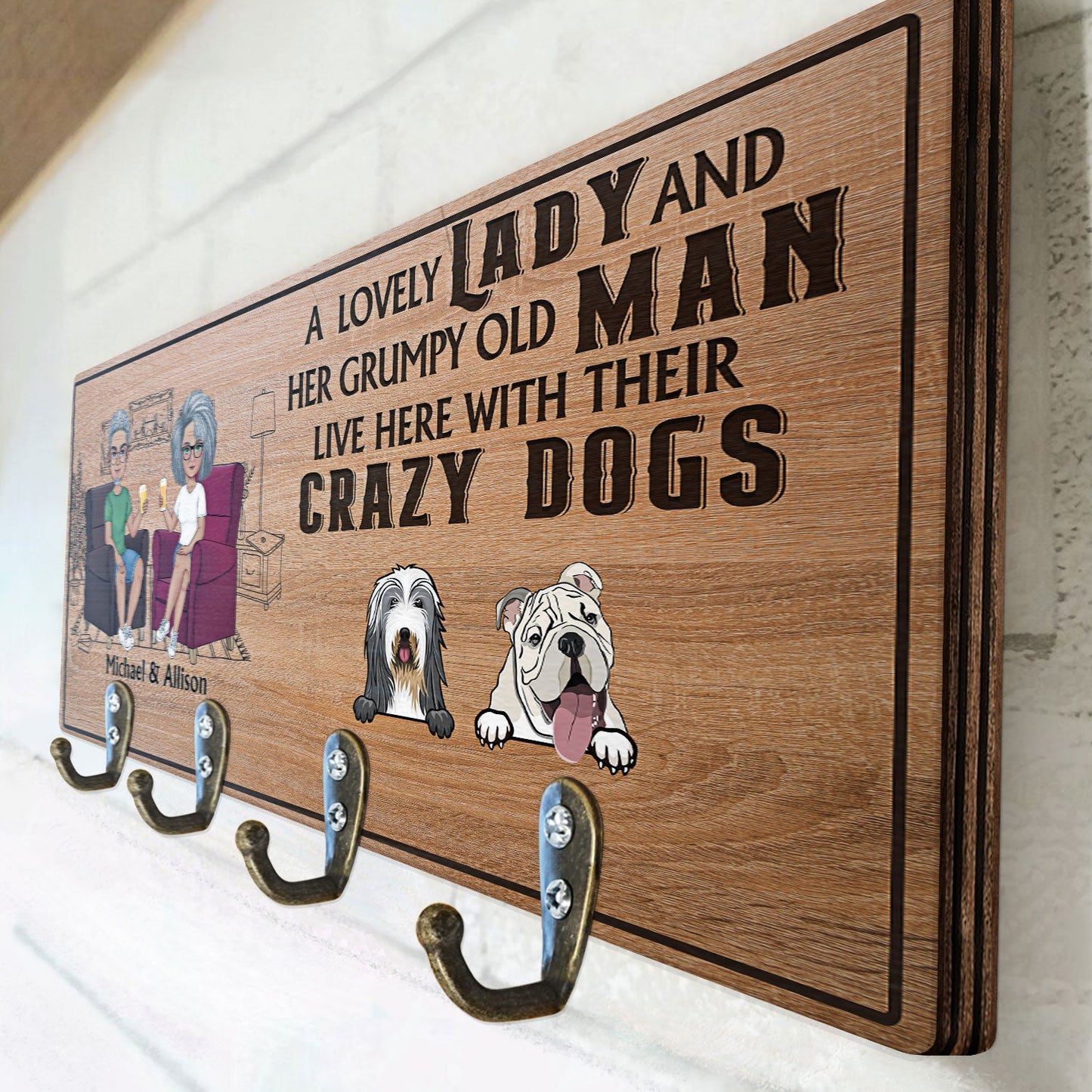 Lovely Lady Grumpy Old Man With Crazy Dogs - Gift For Dog Owners, Couples - Personalized Wood Key Holder