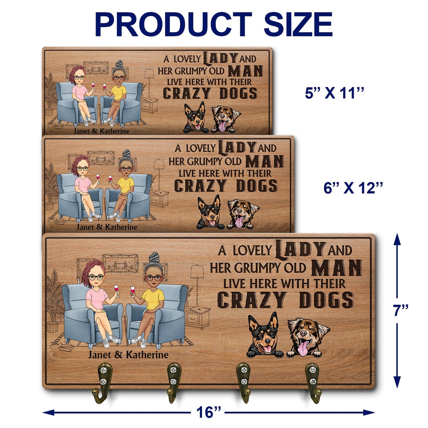 Lovely Lady Grumpy Old Man With Crazy Dogs - Gift For Dog Owners, Couples - Personalized Wood Key Holder